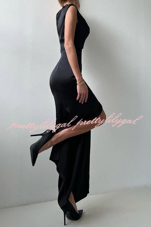 Solid Color Casual Sleeveless Crop Top and Elegant Button-down Maxi Skirt Set