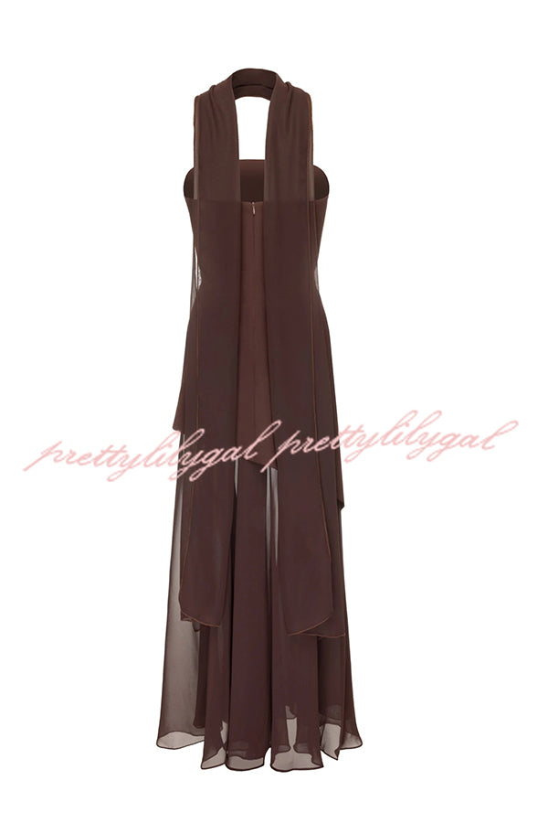 Monaco Off Shoulder Structured Top Chiffon Slit Hem Scarf Maxi Dress