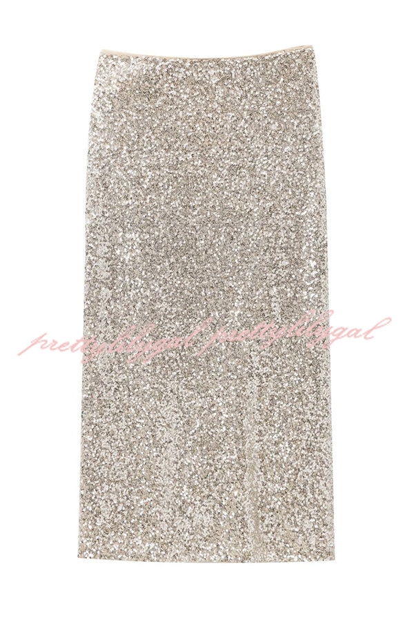 Crushing on You Sequin High Rise Wrap Tie-up Slit Midi Skirt