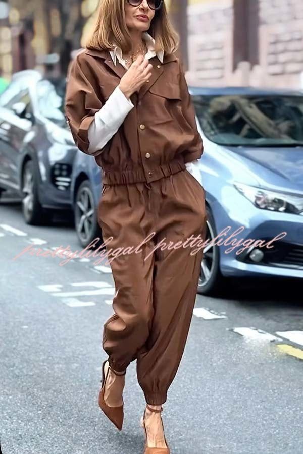 Street Charm Glossy Fabric Button Pocket Cargo Jacket and Elastic Waist Jogger Pants Set