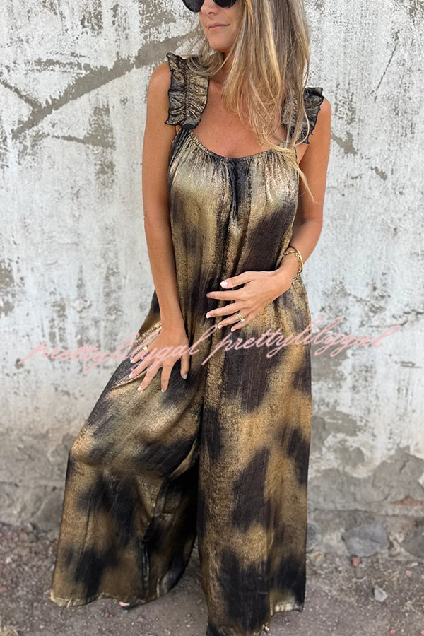 Fashionable Gold-stamped Suspenders Loose Pocket Wide-leg Jumpsuit