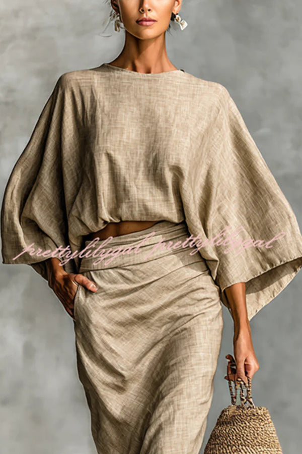 Linen Blend Batwing Sleeve Loose Top and Casual Pocket Maxi Skirt Set