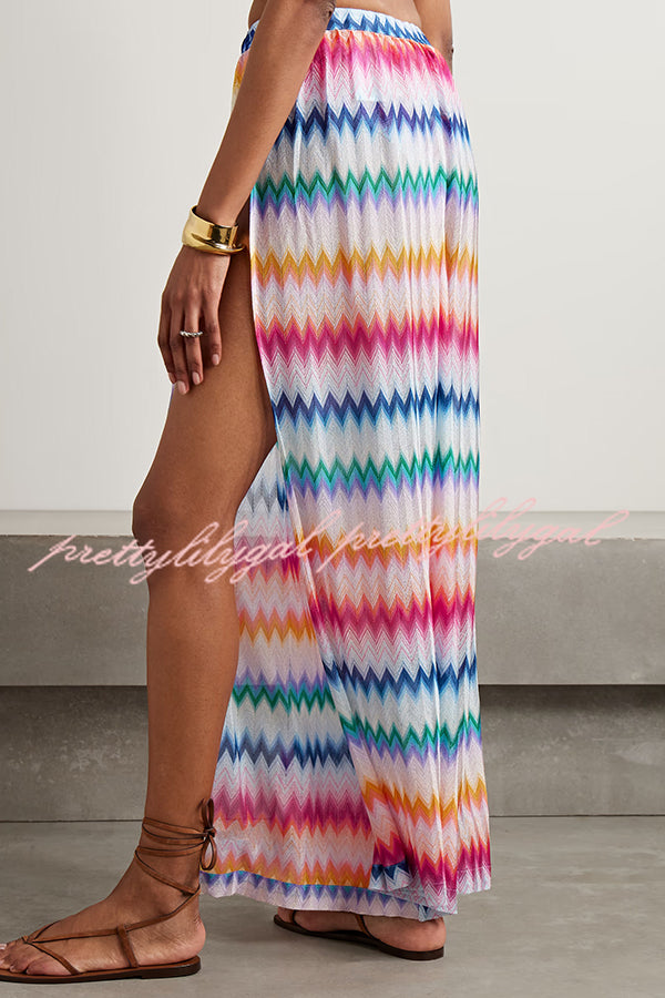 Colorful Zigzag Pattern Halter Neck Stretch Bikini and Elastic Waist Slit PantsThree-Piece Set