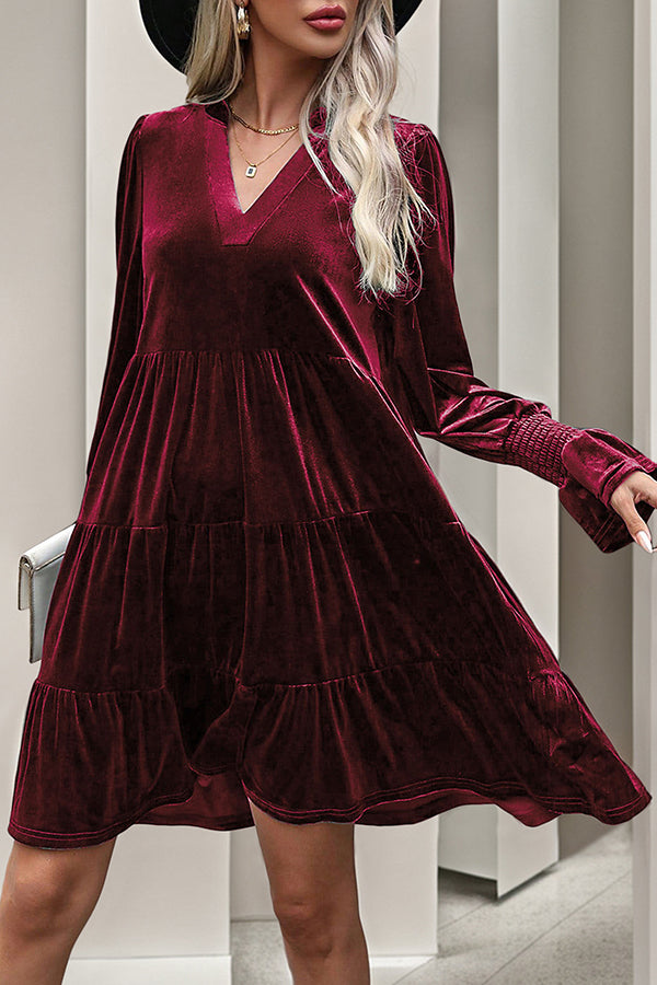 Solid Color Velvet V-Neck Long Sleeve Elegant Loose Mini Dress