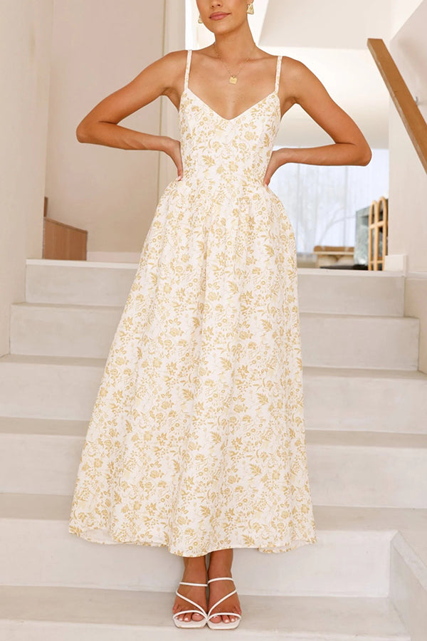 Floral Print V-Neck Sleeveless Back Tie Pocket Maxi Dress