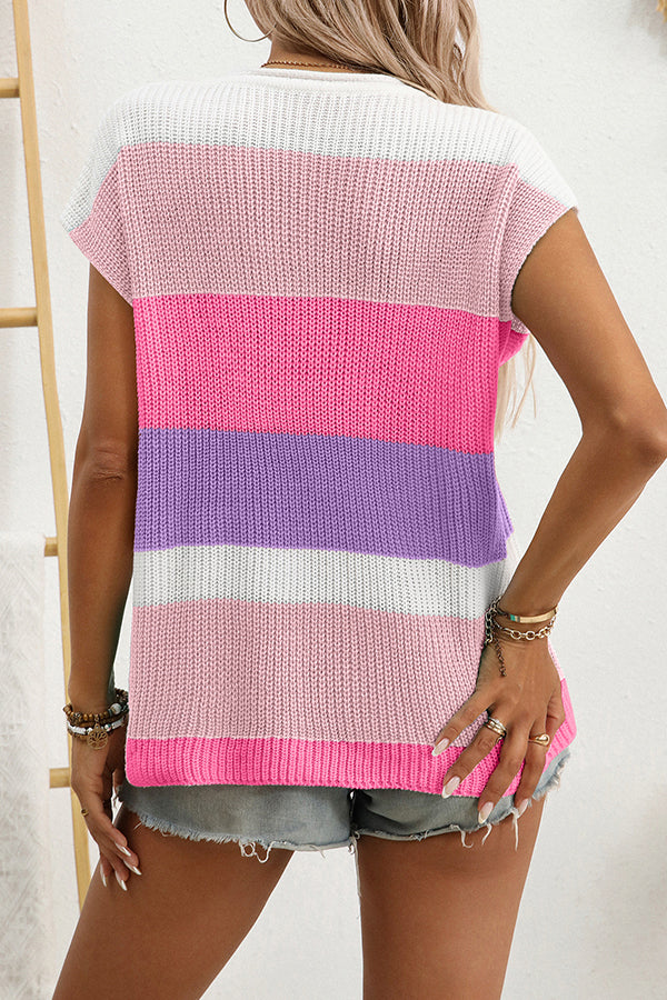Fashionable Contrasting Color Casual Short-sleeved Loose Sweater
