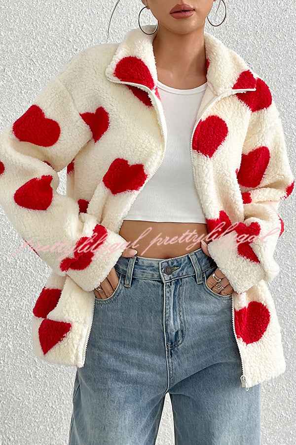 Fashion Plush Heart Print Loose Pocket Long Sleeve Zipper Jacket