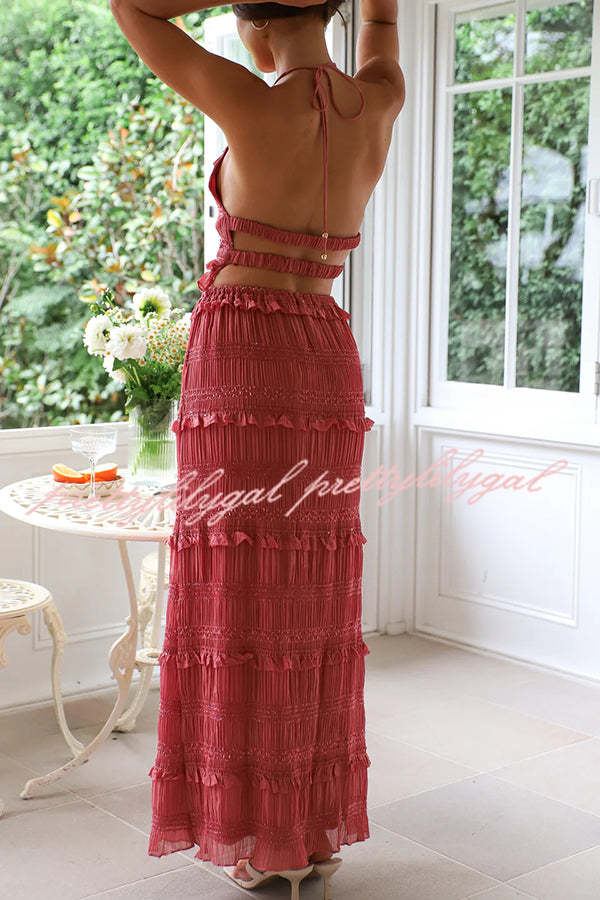 Feel Chic and Romantic Sequin Textured Material Back Elastic Halter Tie Tank and Drawstring Waist Tiered Maxi Skirt Set