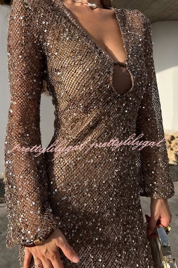 Fashion Sequined Hollow V-neck Long-sleeved Holiday Midi Dress
