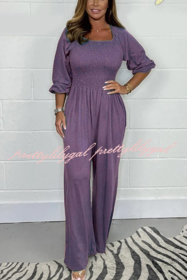 Casual and Comfortable Smocked Solid Color Wide Leg Jumpsuit