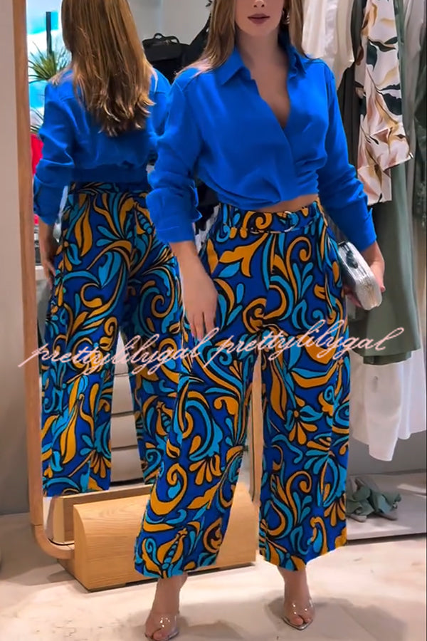 Ocean Heart Linen Blend Printed Ruched Hem Blouse and Belted High Rise Pocket Loose Pants Set