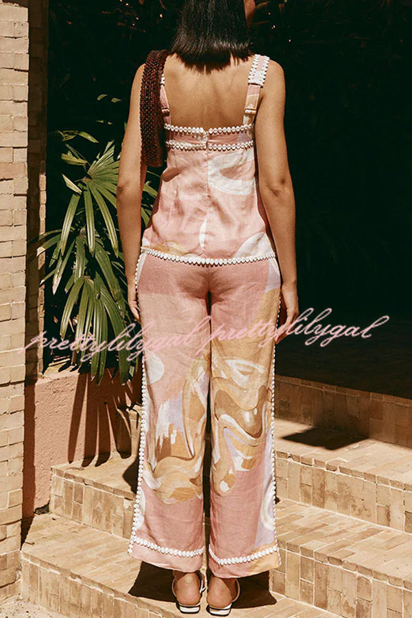 European Summer Linen Blend Ric Rac Trims High Rise Pocket Loose Pants