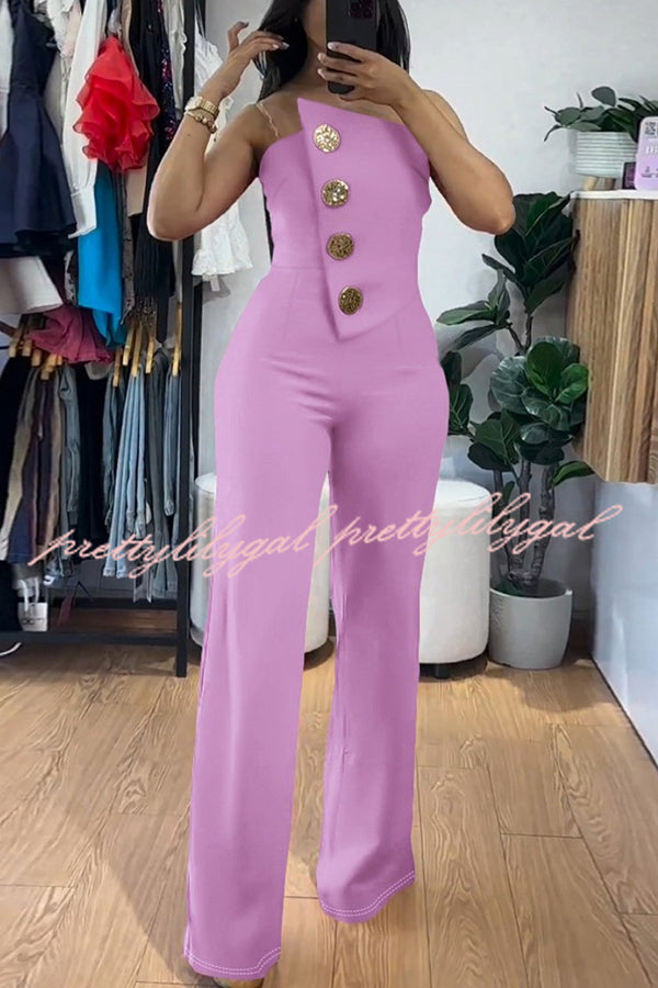 Solid Color Sexy Tube Top Gold Button Embellished Bootcut Jumpsuit