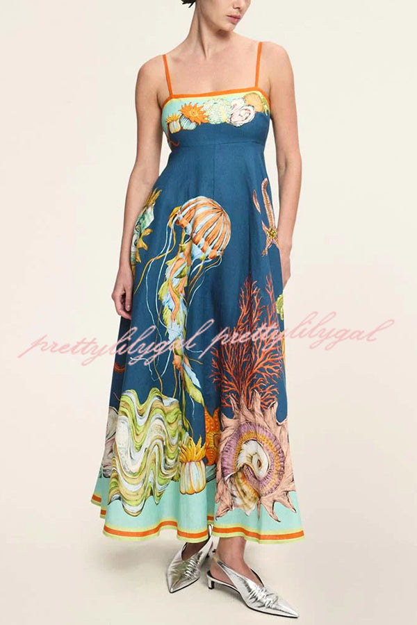 Linen Blend Unique Print Suspenders Back Pleated Pocket Resort Style Maxi Dress