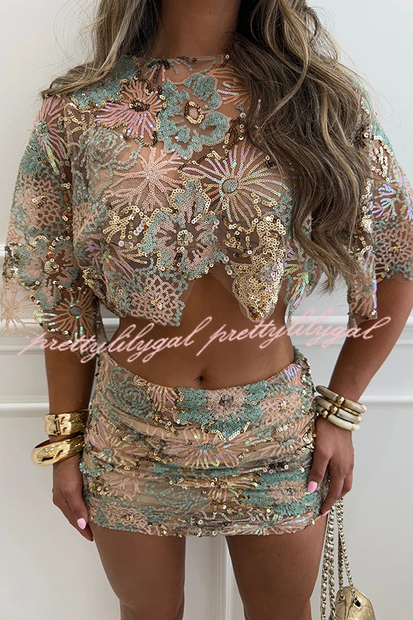 Fashionable Embroidered Flower Sequined Crop Top and Hip-hugging Mini Skirt Set