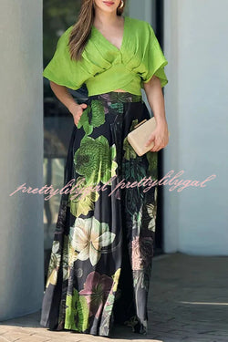 Stylish V-neck Loose Crop Top and Floral Print Pocket Maxi Skirt Set