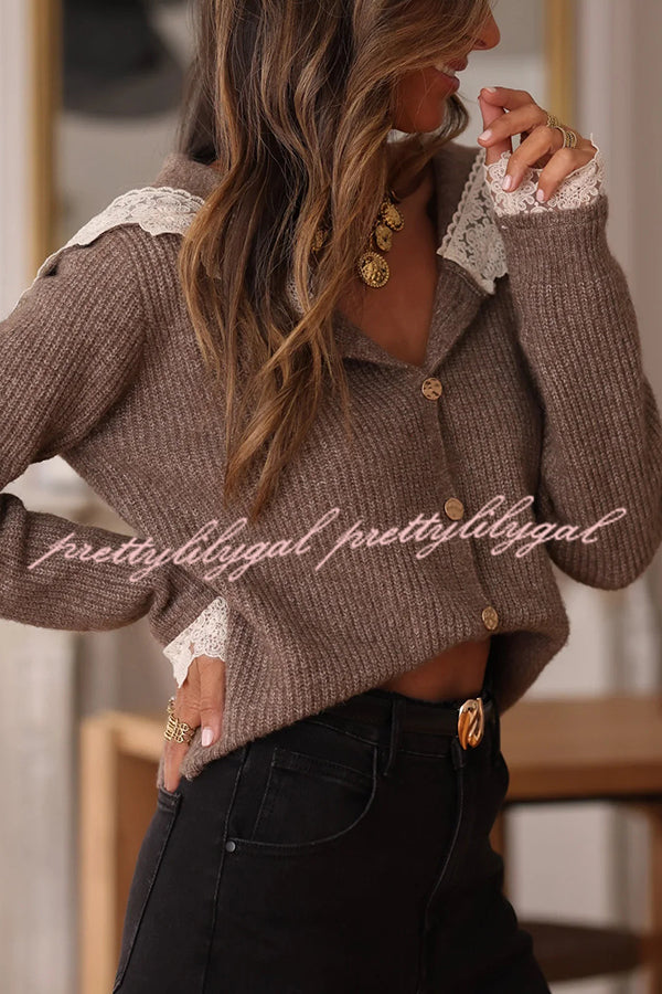 Fashionable Lace-trimmed Sailor Collar Casual Knit Cardigan