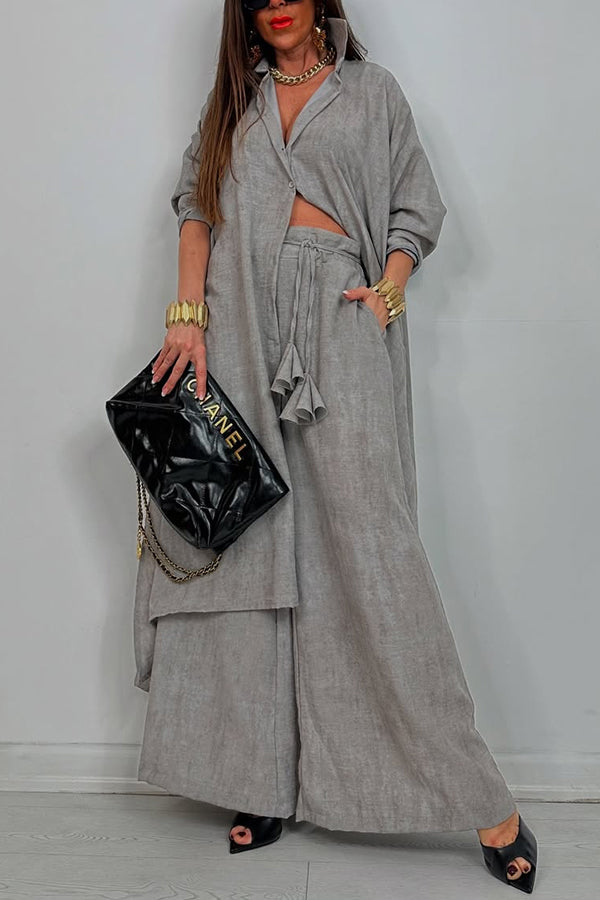 Solid Color Casual Loose Long Shirt and Elastic Waist Pocket Wide Leg Pants Set