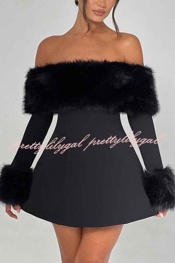 Cute and Luxe Faux Fur Trim Off Shoulder Bubble Shaped Mini Dress