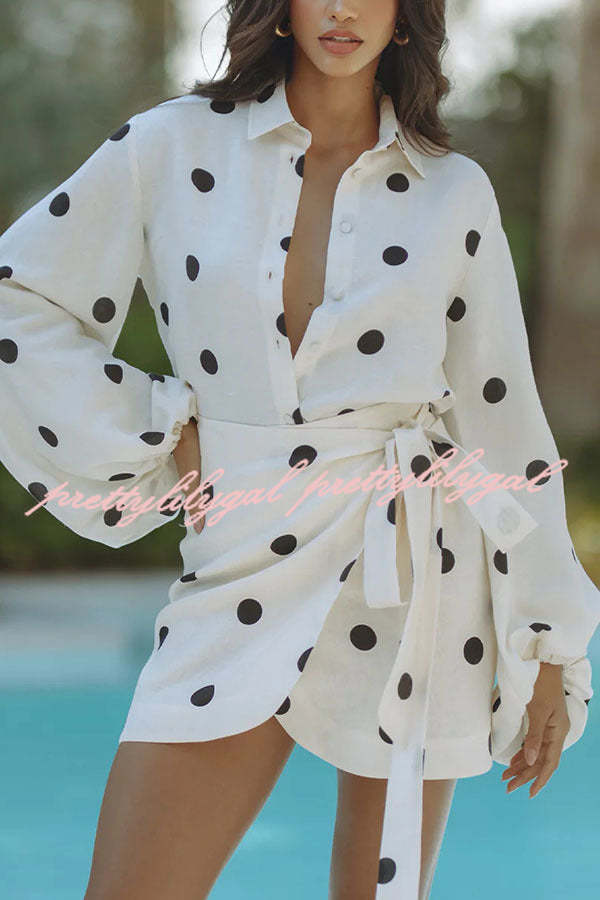 Effortlessly Linen Blend Polka Dot Balloon Sleeve Blouse and Wrap