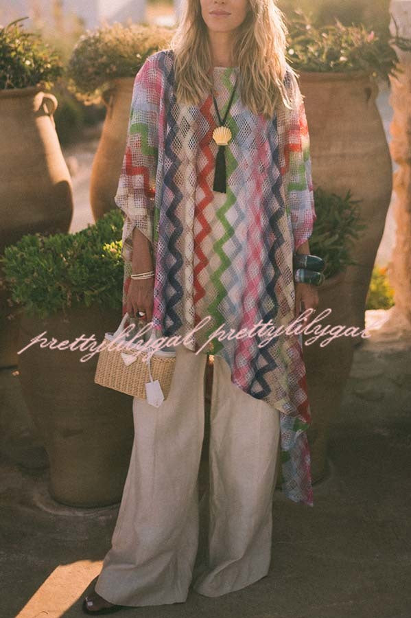 Sun Washed Knit Colorful Zigzag Pattern Asymmetric Hem Loose Cover-ups Kaftan