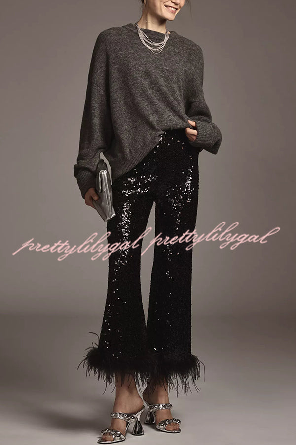 New Year Eve Sequin Feather Trim High Rise Back Zipper Flare Pants