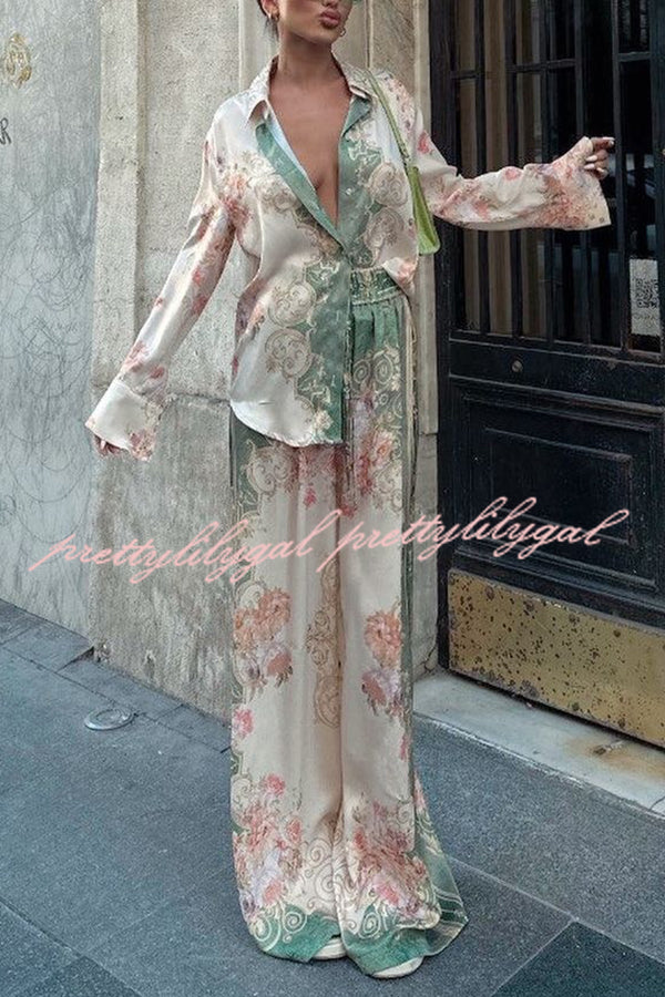 Antibes Satin Court Unique Printed Long Sleeve Loose Shirt and Elastic Waist Pants Set