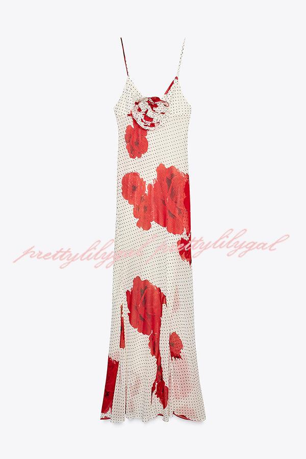 Vanna Poka Dot Floral Print 3D Flower Detail Slip Maxi Dress