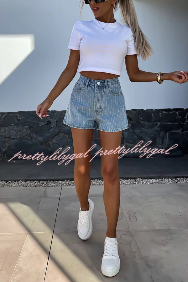 Fashion Rhinestone Loose Pocket Denim Shorts