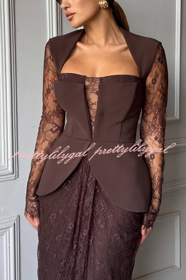Belle Contrast Sheer Lace Fabric Patchwork Square Neck Long Sleeve Drape Maxi Dress