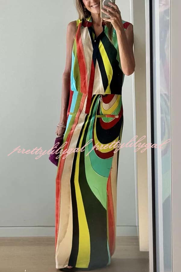 Bold and Elegant Colorful Print Button Up Pocket Shirt Slit H-line Maxi Dress