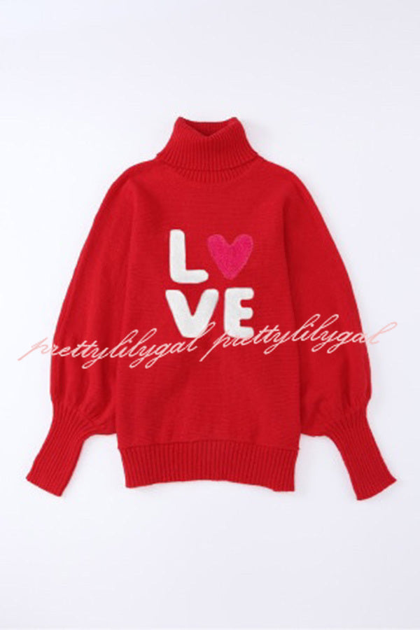 Happy Holidays Contrast Love Letter Turtle Neck Bat Sleeve Sweater