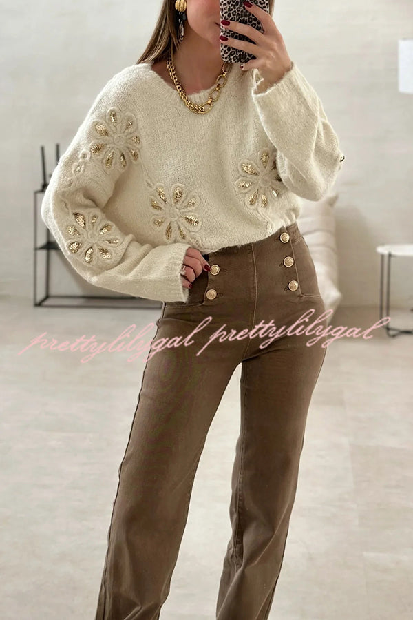 Fashionable Sequined Floral Loose Long-sleeved Knit Sweater