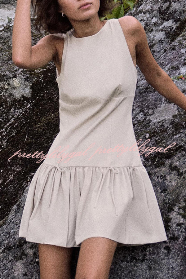 Solid Bow Round Neck Sleeveless Mini Dress