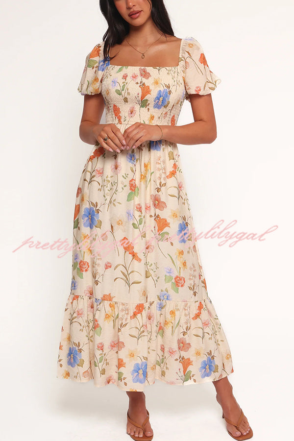 Dreamy Floral Print Square Neck Puff Sleeve Smocked Maxi Dress