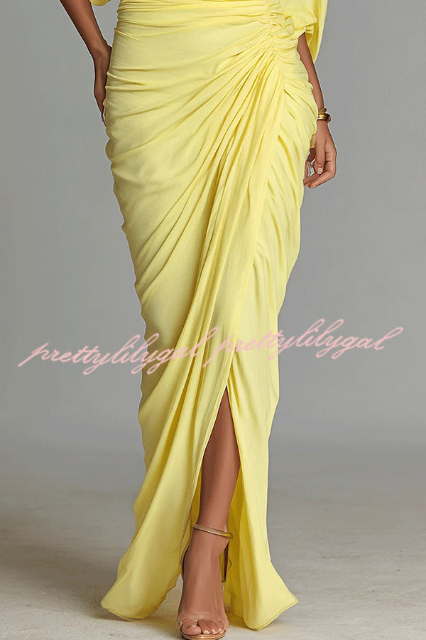 Fashionable High-neck Half-sleeve Waist-cinching Pleated Maxi Dress