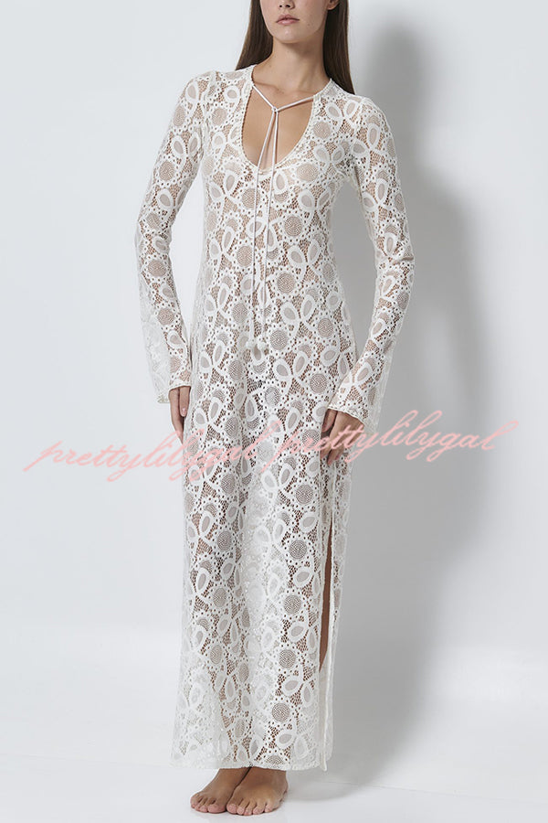 Santorini Sunset Floral Lace Long Sleeve Slit Vacation Maxi Dress