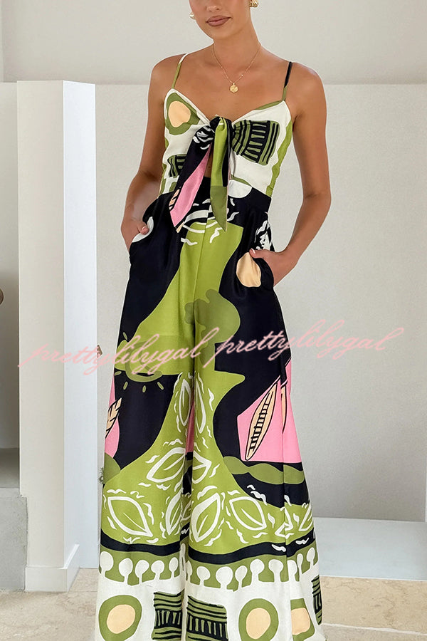 Unique Print Back Pleated Suspender Wide-leg Jumpsuit