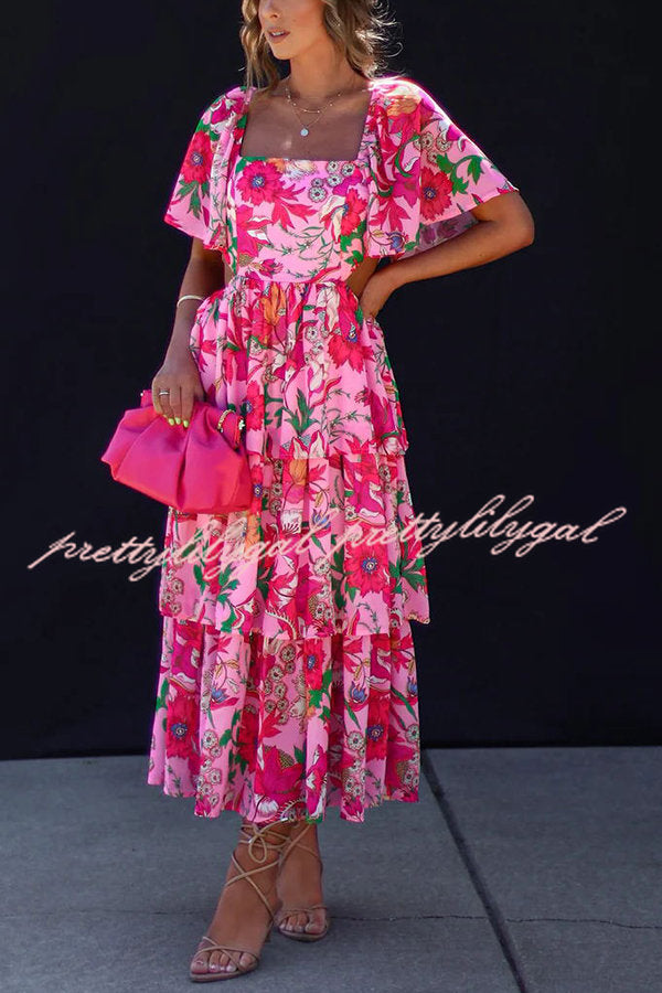 It's All Special Floral Cutout Waist Tiered Midi Dress