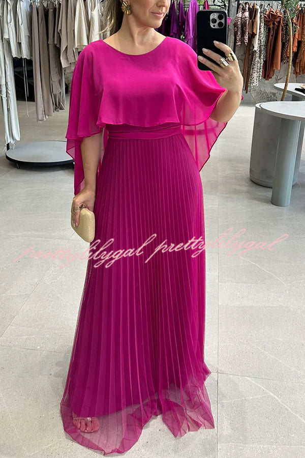 Ready for Holiday Cape Sleeve Tie-up Pleated Maxi Dress