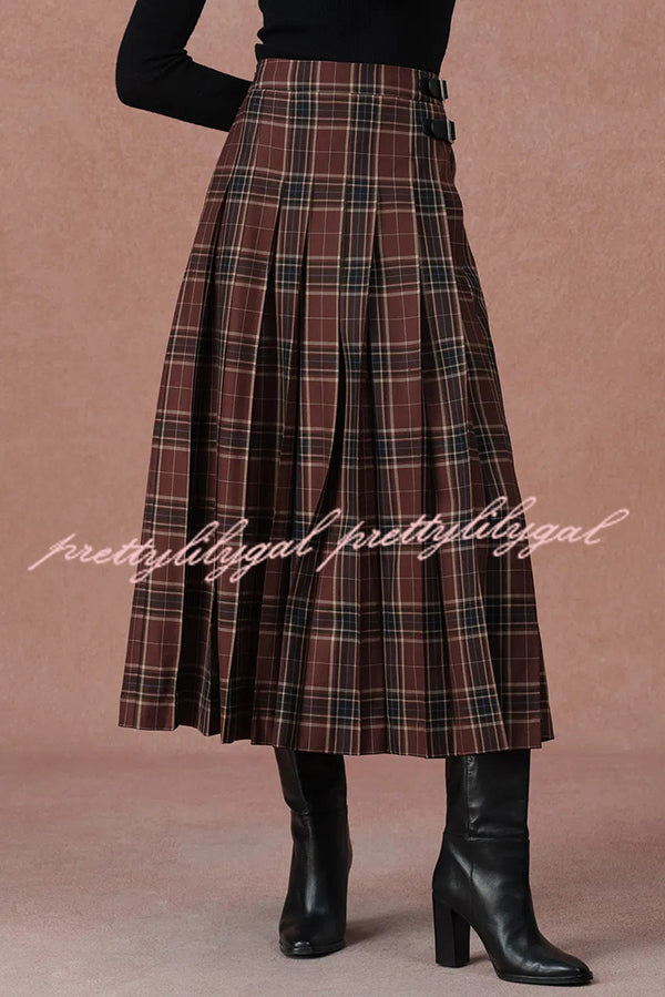 Yehudit Plaid Belt Buckle Design High Rise Pocket Midi Umbrella Skirt