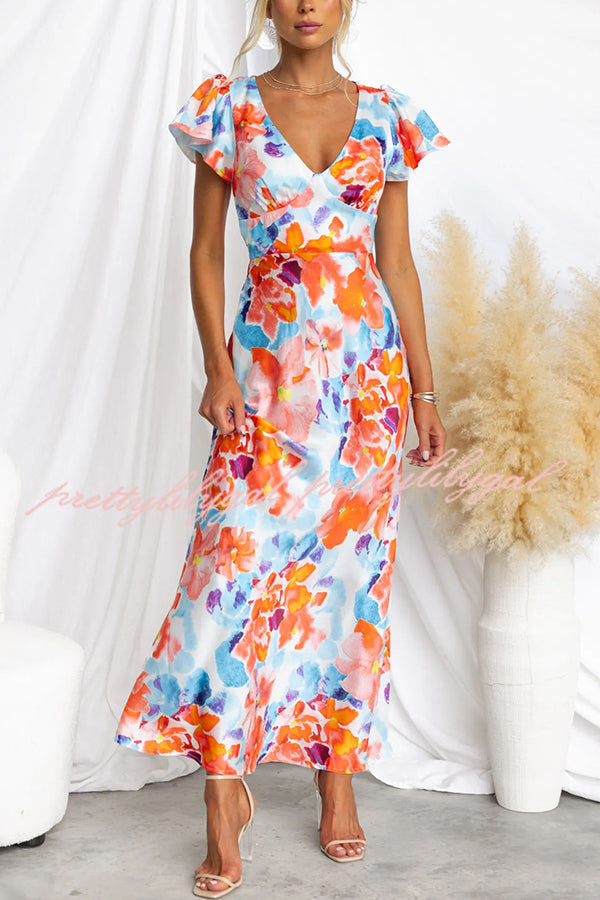 Say I Do Satin Floral Print Cap Sleeves Maxi Dress