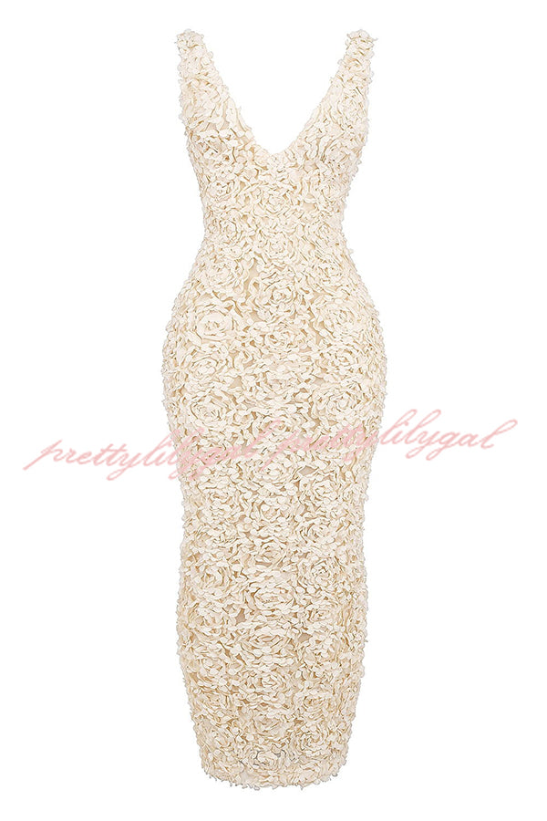 Champagne Party Rose Floral Applique Slit Pencil Maxi Dress