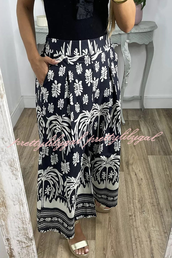 Unique Print Elastic Waist Loose Pocket Holiday Wide Leg Pants