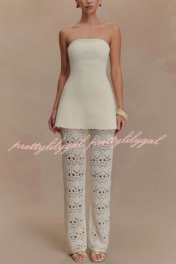 Trena Crochet Knit Hollow Mid Rise Stretch Wide Leg Pants
