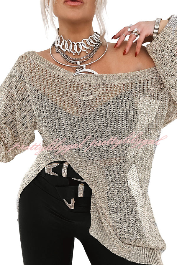 Solid Color Loose Long Sleeve Hollow Knit Cover-up Top