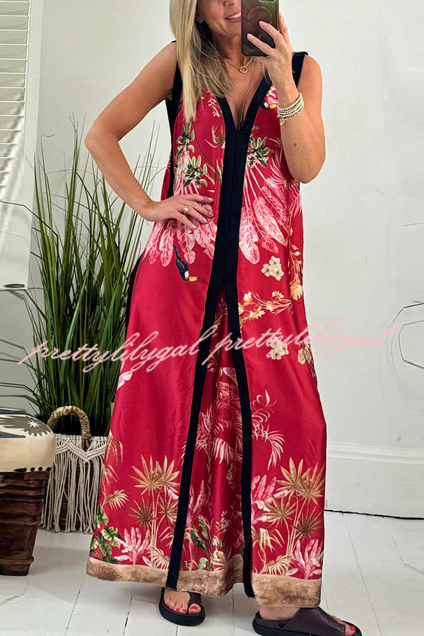 Vanna Unique Tropical Print Black Patchwork Detail A-line Maxi Dress