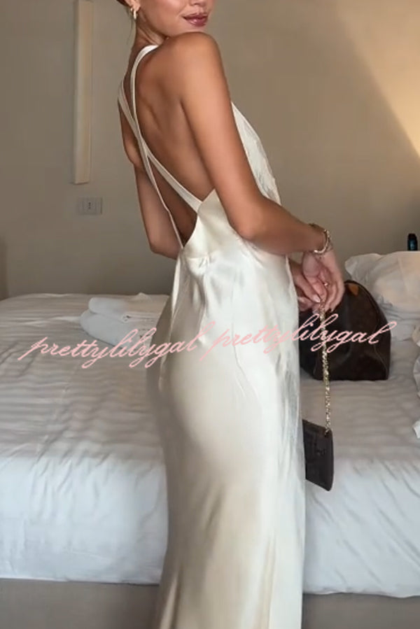 Modern Day Glam Satin Lace Trim V-neck Cross Back Maxi Dress