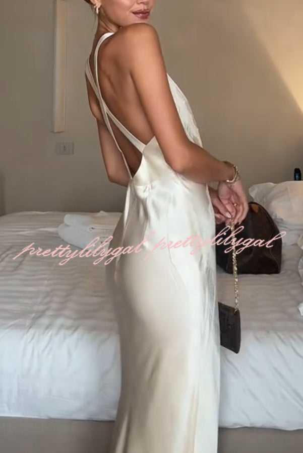 Modern Day Glam Satin Lace Trim V-neck Cross Back Maxi Dress