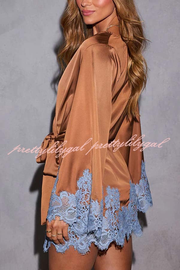 Joyful Bond Satin Lace Trim Contrast Color Bell Sleeve Tie-up Kimono Mini Dress